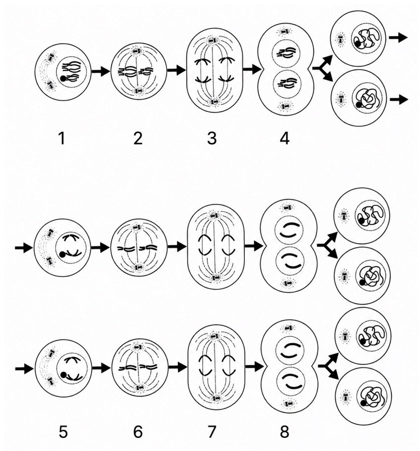 Какие фазы мейоза обозначены цифрами 1-8?